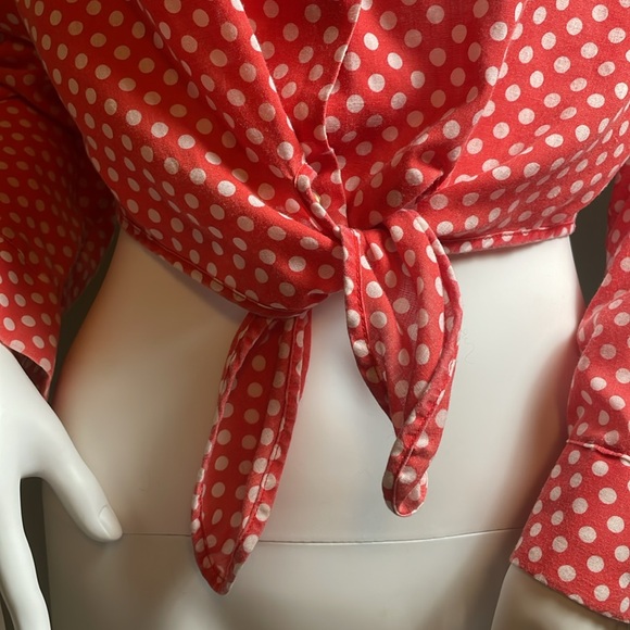 Vintage, made in USA white and red polkadot tie front top. - Picture 5 of 9